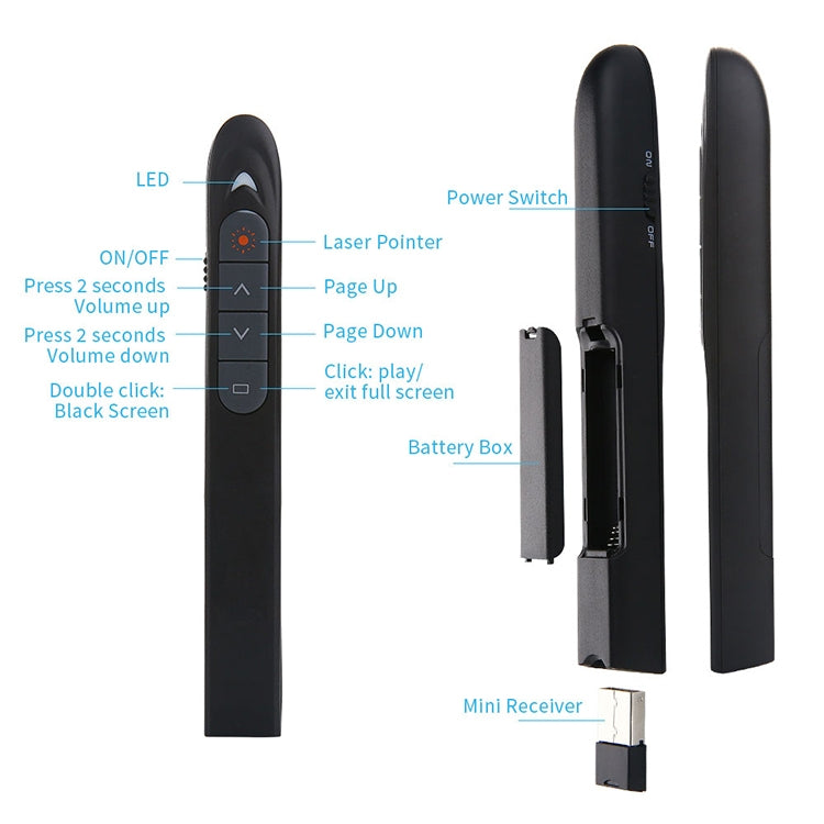 XM930 2.4GHz Wireless Laser PowerPoint Page Turning Pen Multimedia Wireless Presentation Projection Pen with USB Receiver, Support Low Battery Remind, Remote Control Distance: 100m, 100m White, 100m Black