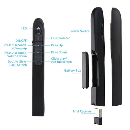 XM930 2.4GHz Wireless Laser PowerPoint Page Turning Pen Multimedia Wireless Presentation Projection Pen with USB Receiver, Support Low Battery Remind, Remote Control Distance: 100m, 100m White, 100m Black