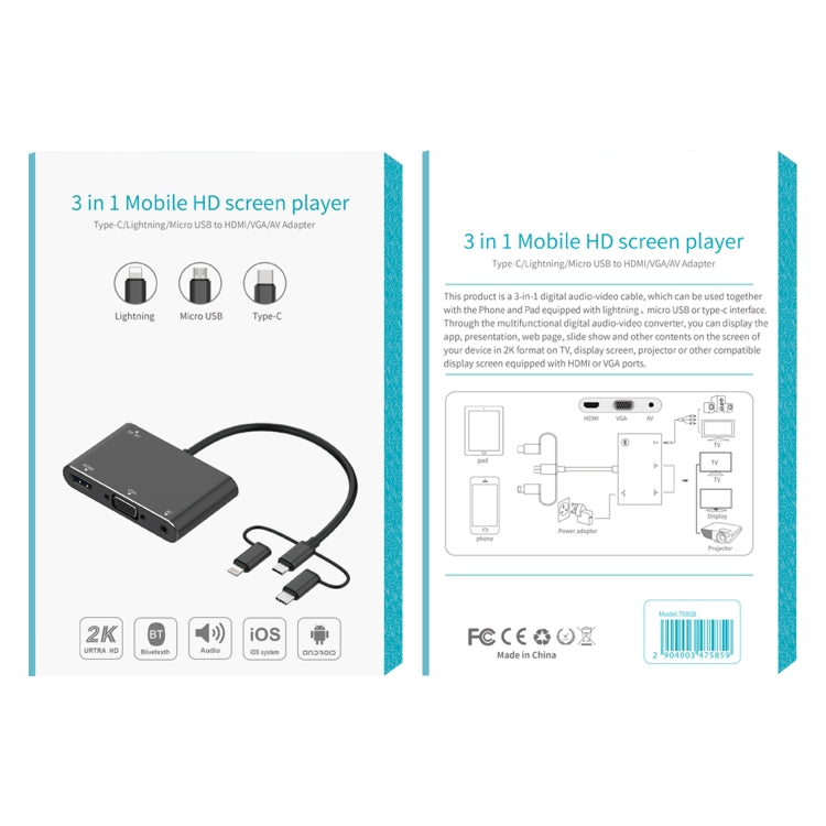 7585B 3 in 1 Micro USB / 8 Pin / Type-C to VGA / HDTV / AV Adapter Mobile HD Screen Player