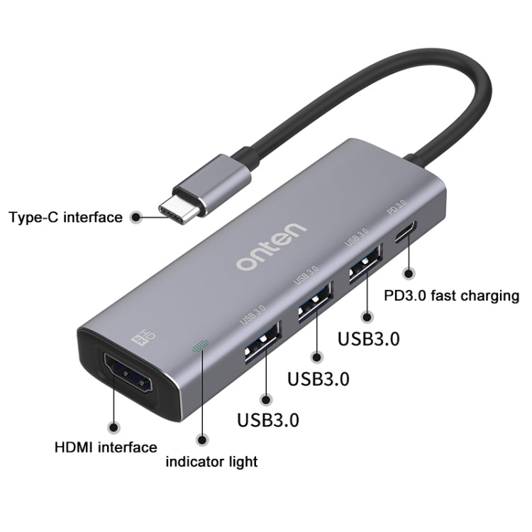 Onten OT-95123 5 in 1 Multifunctional Type-C + USB + HDMI Docking Station, Cable Length: 145mm