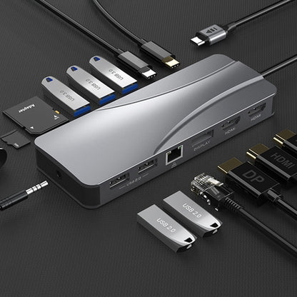 Rocketek HC451 Type-C to 60W PD + 4K HDMI + DP + 100M RJ45 14 in 1 HUB Adapter
