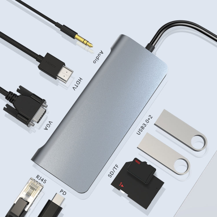9 in 1 RJ45 + PD + SD/TF + USB 3.0 x 2 + HDMI + VGA + Audio to USB-C / Type-C HUB Adapter, RJ45+PD+SD/TF+USB3.0x 2+HDMI+VGA+Audio to Type-C