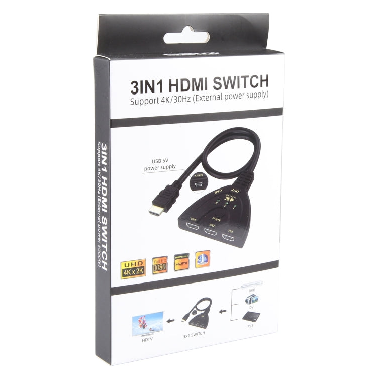 3 x 1 4K 30Hz HDMI Switcher with Pigtail HDMI Cable, Support External Power Supply, External Power Supply