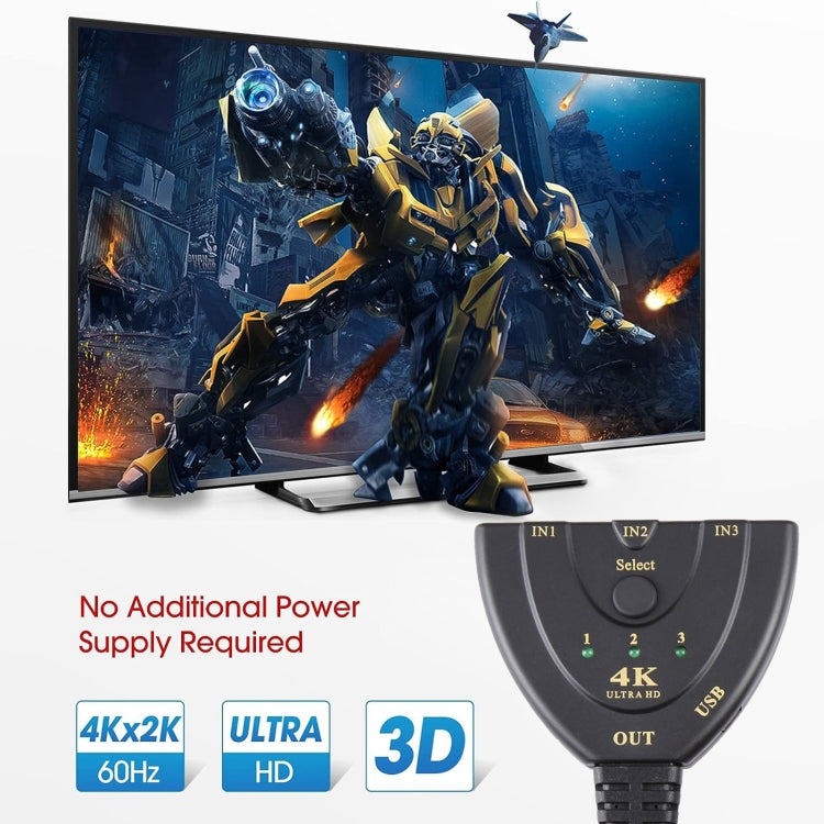 3 x 1 4K 30Hz HDMI Switcher with Pigtail HDMI Cable, Support External Power Supply, External Power Supply