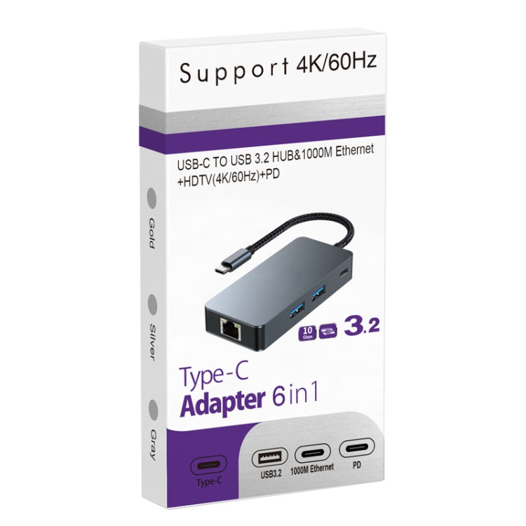 BYL-2308 6 in 1 USB-C / Type-C to USB3.2 + Gigabit Internet + HDTV HUB Adapter, BYL-2308
