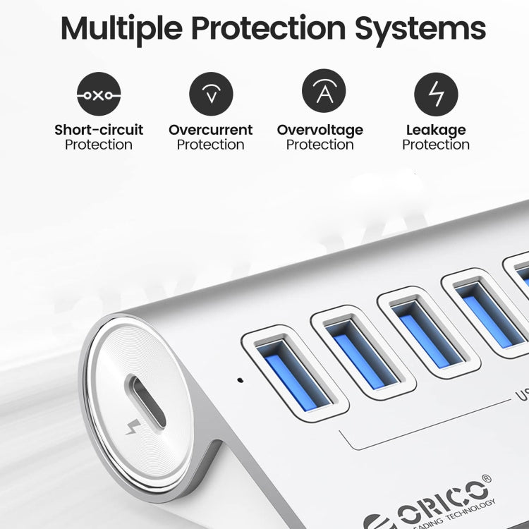 ORICO M3U7-G2 Aluminum Alloy 7-Port USB 3.2 Gen2 10Gbps HUB with 0.5m Cable, M3U7-G2 0.5m