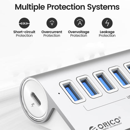 ORICO M3U7-G2 Aluminum Alloy 7-Port USB 3.2 Gen2 10Gbps HUB with 0.5m Cable, M3U7-G2 0.5m