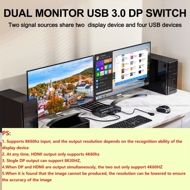 KC-KVM212DH 4K 60HZ USB3.0 DP Dual Display KVM Switcher with MST Dual Screen Extension Replication, KC-KVM212DH