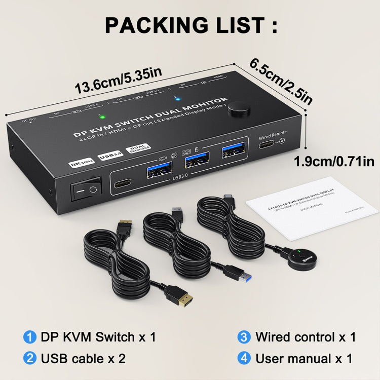 KC-KVM212DH 4K 60HZ USB3.0 DP Dual Display KVM Switcher with MST Dual Screen Extension Replication, KC-KVM212DH
