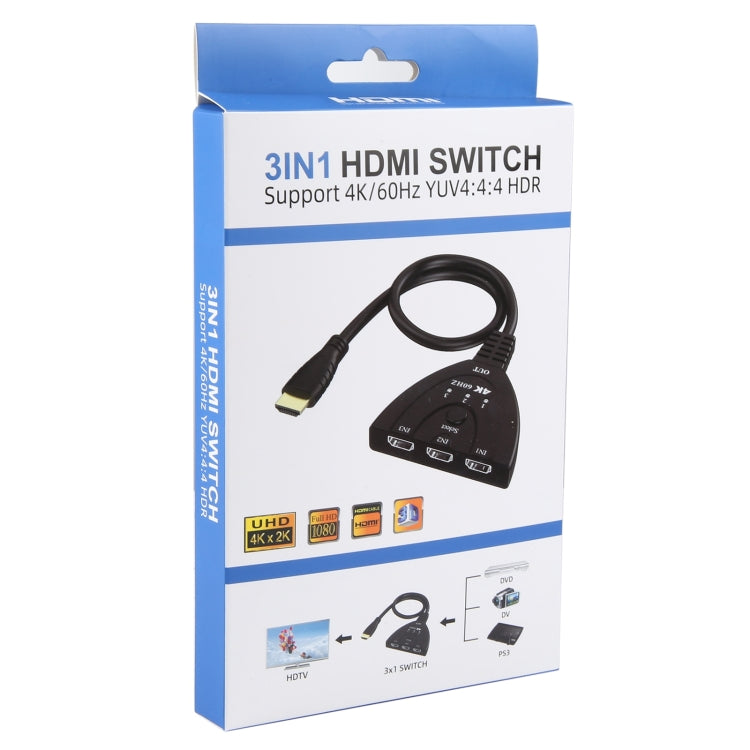 3 x 1 4K 60Hz HDMI Switcher with Pigtail HDMI Cable, YUV4:4:4 HDR