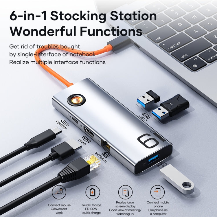 ROCK TR28 HDMI 4K Gigabit Network PD Quick Charger 6 in 1 USB 3.0 HUB, TR28 6  in 1 HUB