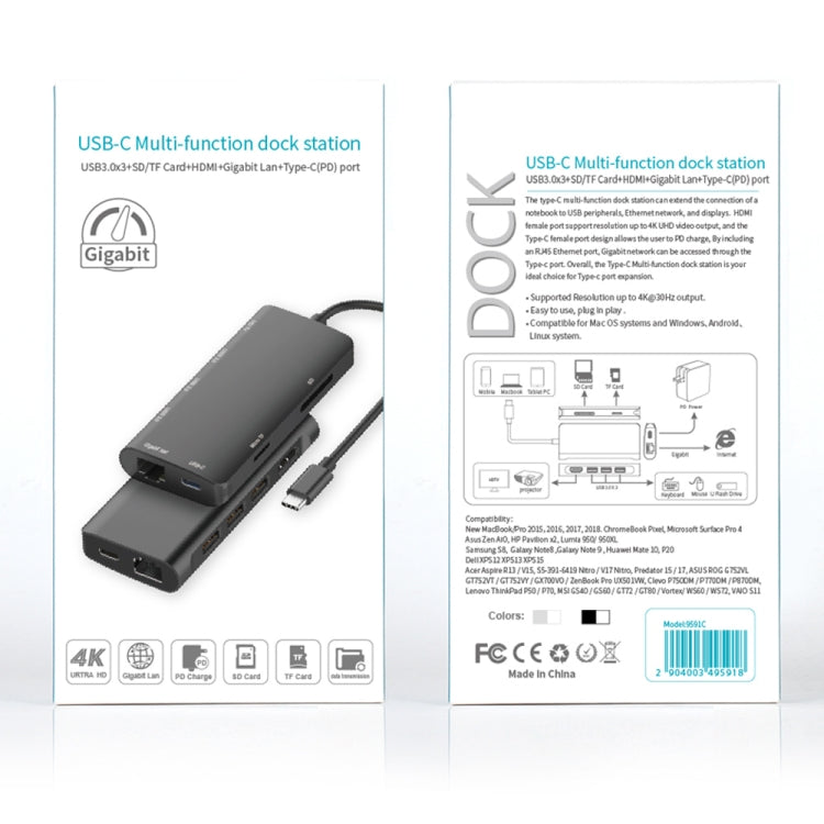 9591C 8 In 1 USB 3.0 x3 + SD / TF Card + HDMI + RJ45 + Type-C / USB-C (PD) Multi-function HUB Converter Dock Station