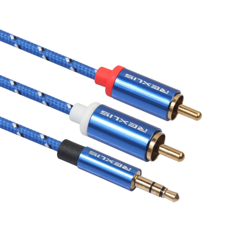 REXLIS 3610 3.5mm Male to Dual RCA Gold-plated Plug Blue Cotton Braided Audio Cable for RCA Input Interface Active Speaker, Length: 1.8m, Length: 1.8m
