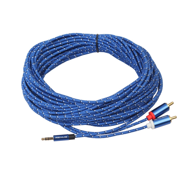REXLIS 3610 3.5mm Male to Dual RCA Gold-plated Plug Blue Cotton Braided Audio Cable for RCA Input Interface Active Speaker, Length: 10m, Length: 10m