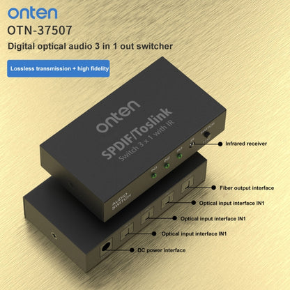 Onten 37507 Digital Optical Audio 3 In 1 Out Switcher Speaker Connector, 37507
