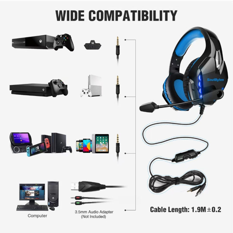Soulbytes S11 USB + 3.5mm 4 Pin Adjustable LED Light Gaming Headset with Mic, S11(Blue)
