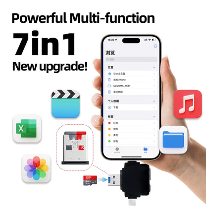 7 in 1 Card Reader USB + Type-C + 8 Pin + TF Card + SD Card + Earphone Adapter