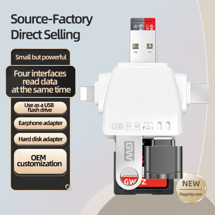 7 in 1 Card Reader USB + Type-C + 8 Pin + TF Card + SD Card + Earphone Adapter