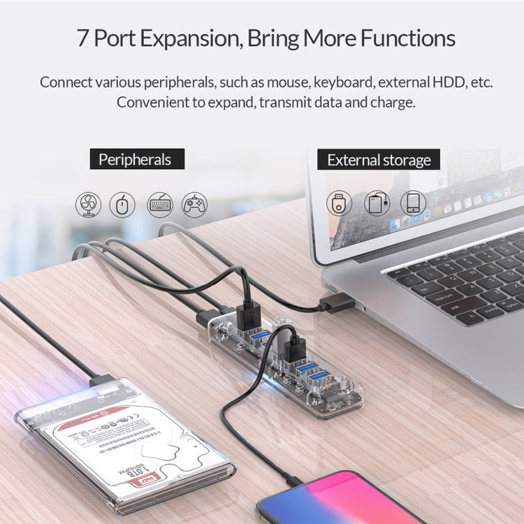 ORICO F7U 7 x USB 3.0 Ports 5Gbps Fast Transmission Desktop HUB with Blue LED Indicator Light, 7 Ports