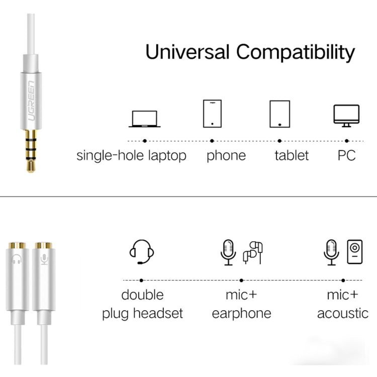 Ugreen 3.5mm Male to 2 x 3.5mm Female Audio Connector Adapter Cable 2 in 1 Microphone + Earphone Splitter Cable Converter, Silver