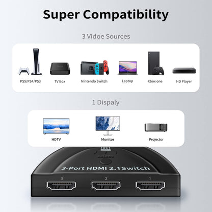 3 Port HDMI 8K Switcher Selector Box with Pigtail Cable