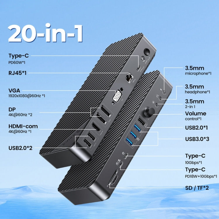 ORICO DKA20-BK-BP 10Gbps 20 in 1 Type-C 3.0 HUB Docking Station, DKA20-BK-BP, EU Plug, DKA20-BK-BP, UK Plug, DKA20-BK-BP, US Plug