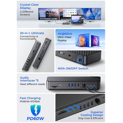 ORICO DKA20-BK-BP 10Gbps 20 in 1 Type-C 3.0 HUB Docking Station, DKA20-BK-BP, EU Plug, DKA20-BK-BP, UK Plug, DKA20-BK-BP, US Plug