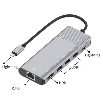 79591 6 in 1 8 Pin to RJ45 + HDMI + 8 Pin Charging + 3 USB 2.0 Ports Multifunctional HUB Converter Docking Station, 79591