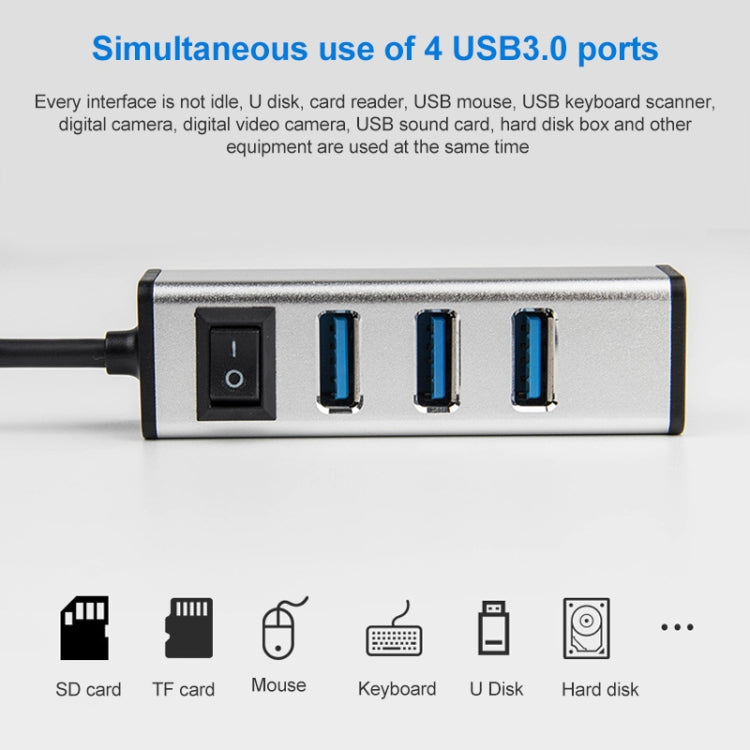 USB-C / Type-C to 4 USB 3.0 Ports Aluminum Alloy HUB with Switch, USB-C / Type-C