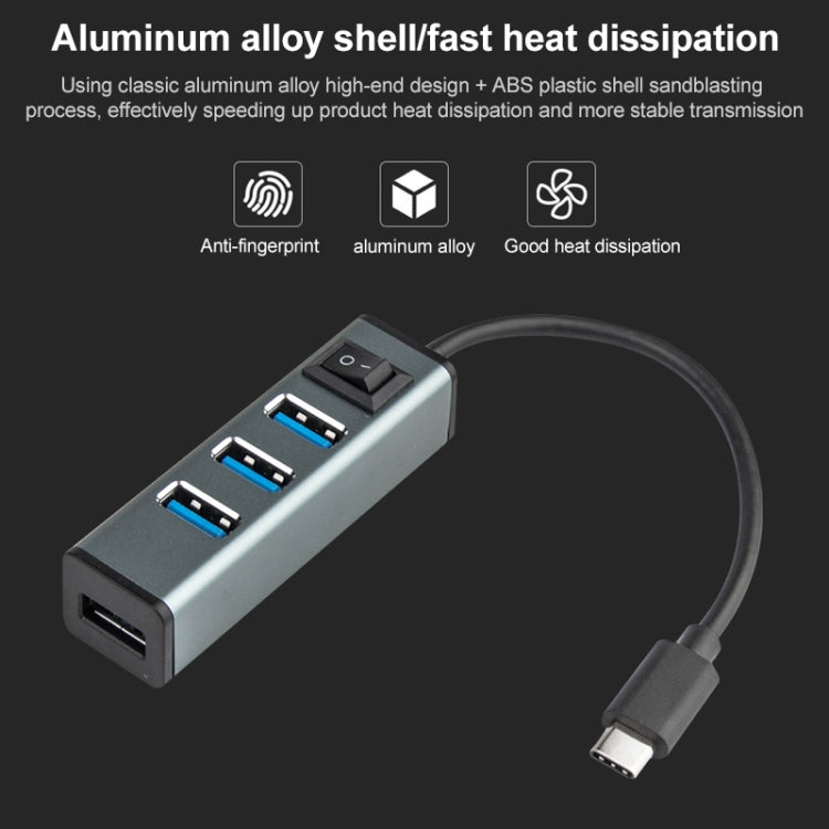 USB-C / Type-C to 4 USB 3.0 Ports Aluminum Alloy HUB with Switch, USB-C / Type-C