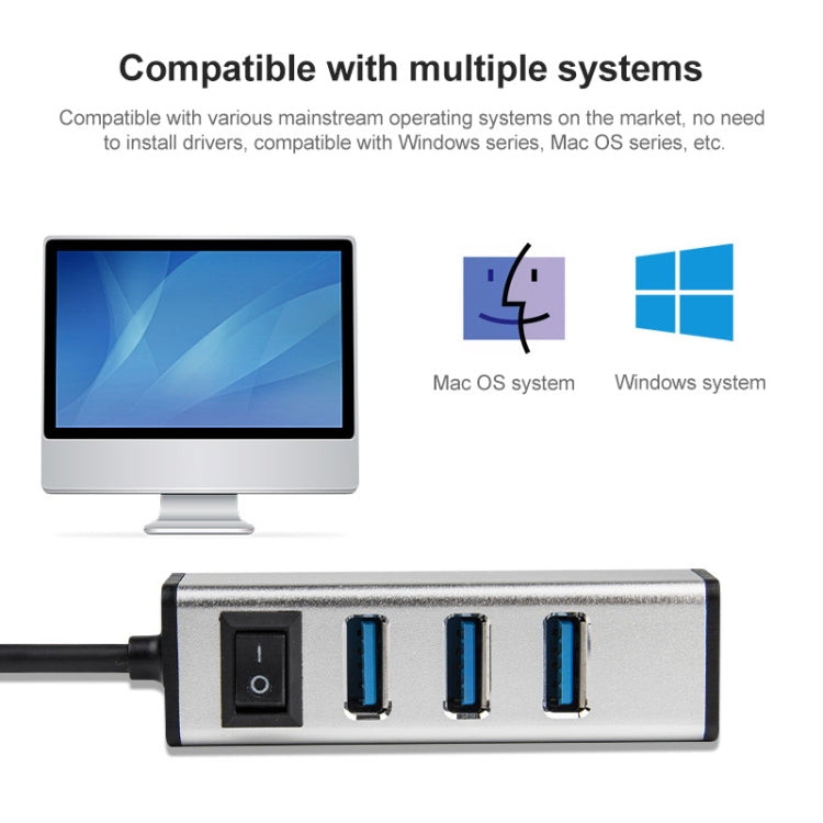USB to 4 USB 3.0 Ports Aluminum Alloy HUB with Switch, USB