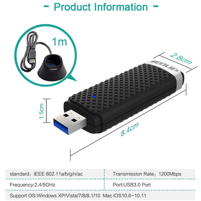 EDUP EP-AC1609 1200Mbps High Speed USB 3.0 WiFi Adapter Receiver Ethernet Adapter with 1m Extend Cable & Base, EP-AC1609 1200Mbps