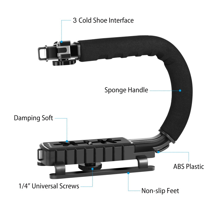 PULUZ U/C Shape Portable Handheld DV Bracket Stabilizer + LED Studio Light + Video Shotgun Microphone Kit with Cold Shoe Tripod Head  for All SLR Cameras and Home DV Camera, Bracket Kits + Mic + LED