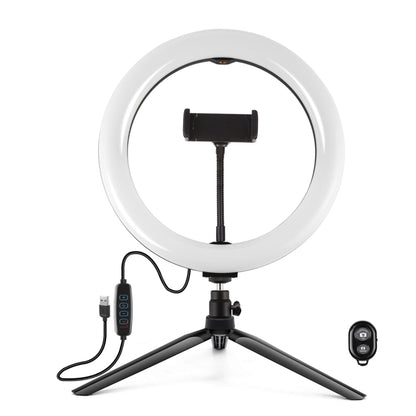 PULUZ 10.2 inch 26cm Light + Desktop Tripod Mount USB 3 Modes Dimmable Dual Color Temperature LED Curved Diffuse Light Ring Vlogging Selfie Photography Video Lights with Phone Clamp, 10.2 inch Curved+Tripod