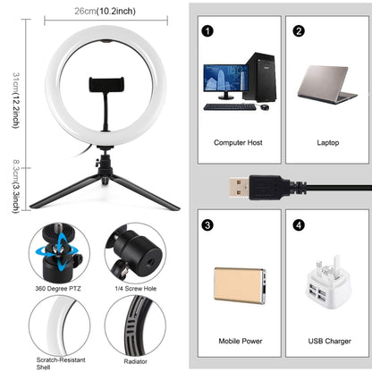 PULUZ 10.2 inch 26cm Light + Desktop Tripod Mount USB 3 Modes Dimmable Dual Color Temperature LED Curved Diffuse Light Ring Vlogging Selfie Photography Video Lights with Phone Clamp, 10.2 inch Curved+Tripod