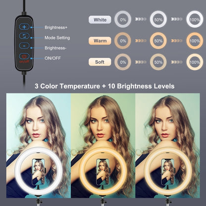 PULUZ 10.2 inch 26cm Light + Desktop Tripod Mount USB 3 Modes Dimmable Dual Color Temperature LED Curved Diffuse Light Ring Vlogging Selfie Photography Video Lights with Phone Clamp, 10.2 inch Curved+Tripod