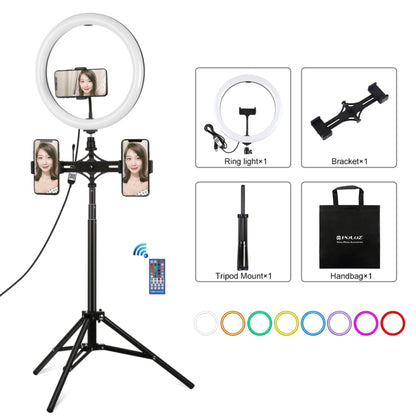 PULUZ 11.8 inch 30cm RGBW Light + 1.65m Mount + Dual Phone Brackets Curved Surface RGBW Dimmable LED Ring Selfie Vlogging Light  Live Broadcast Kits with Cold Shoe Tripod Adapter & Phone Clamp & Remote Control, 11.8 inch RGBW+1.65m Tripod+Dual Bracket