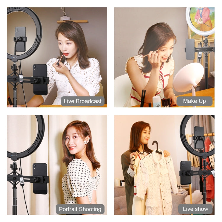 PULUZ 11.8 inch 30cm RGBW Light + 1.65m Mount + Dual Phone Brackets Curved Surface RGBW Dimmable LED Ring Selfie Vlogging Light  Live Broadcast Kits with Cold Shoe Tripod Adapter & Phone Clamp & Remote Control, 11.8 inch RGBW+1.65m Tripod+Dual Bracket