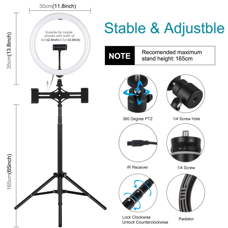 PULUZ 11.8 inch 30cm RGBW Light + 1.65m Mount + Dual Phone Brackets Curved Surface RGBW Dimmable LED Ring Selfie Vlogging Light  Live Broadcast Kits with Cold Shoe Tripod Adapter & Phone Clamp & Remote Control, 11.8 inch RGBW+1.65m Tripod+Dual Bracket