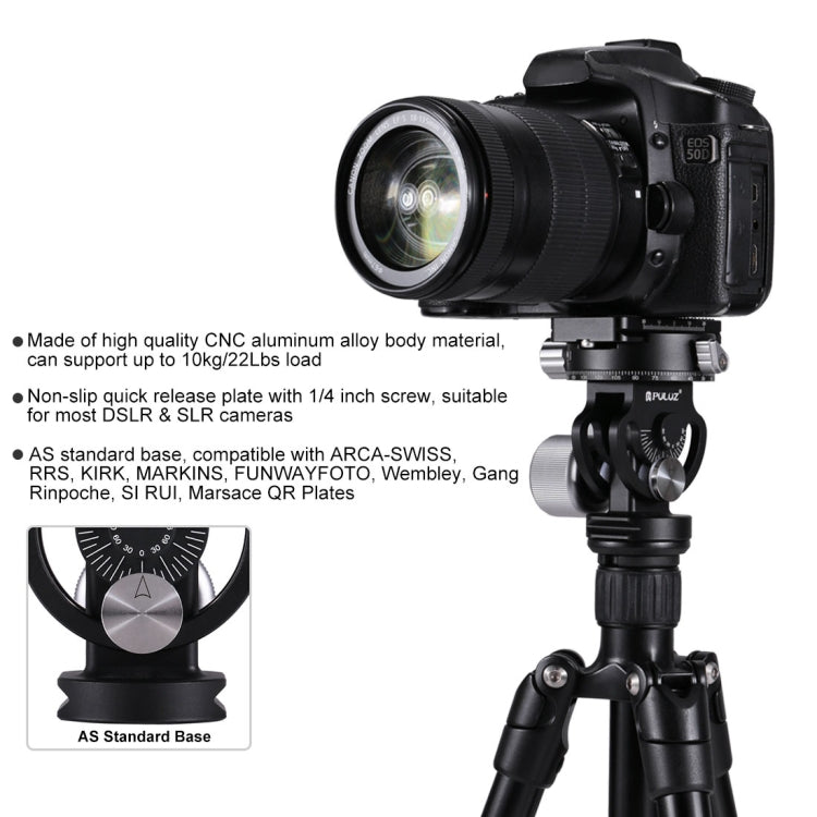 PULUZ 2-Way Pan/Tilt Tripod Head Panoramic Photography Head with Quick Release Plate & 3 Bubble Level, 2-Way Pan/Tilt Tripod