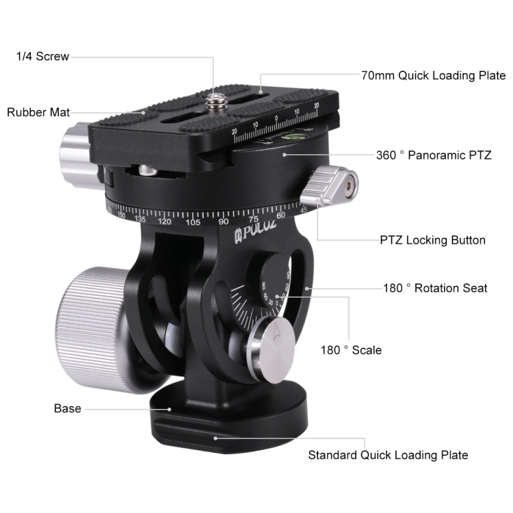 PULUZ 2-Way Pan/Tilt Tripod Head Panoramic Photography Head with Quick Release Plate & 3 Bubble Level, 2-Way Pan/Tilt Tripod