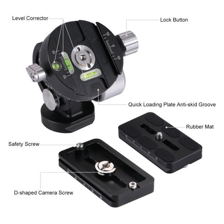 PULUZ 2-Way Pan/Tilt Tripod Head Panoramic Photography Head with Quick Release Plate & 3 Bubble Level, 2-Way Pan/Tilt Tripod
