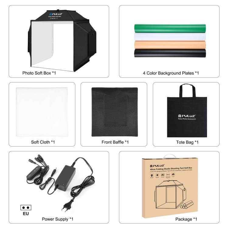 PULUZ 40cm Folding 72W 5500K Studio Shooting Tent Soft Box Photography Lighting Kit with 4 Colors (Black, Orange, White, Green) Backdrops, 40cm Folding 72W(EU Plug), 40cm Folding 72W(UK Plug), 40cm Folding 72W(US Plug), 40cm Folding 72W(AU Plug)