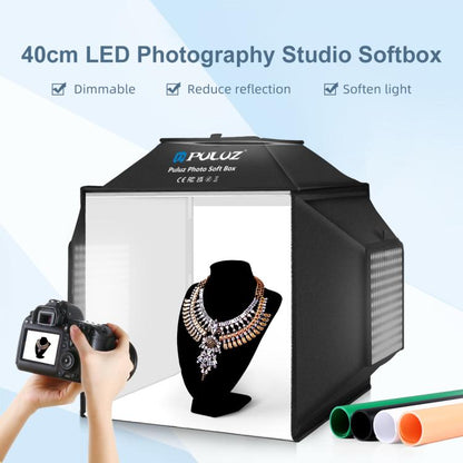 PULUZ 40cm Folding 72W 5500K Studio Shooting Tent Soft Box Photography Lighting Kit with 4 Colors (Black, Orange, White, Green) Backdrops, 40cm Folding 72W(UK Plug), 40cm Folding 72W(US Plug), 40cm Folding 72W(AU Plug), 40cm Folding 72W(EU Plug)