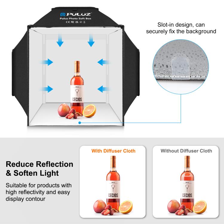 PULUZ 40cm Folding 72W 5500K Studio Shooting Tent Soft Box Photography Lighting Kit with 4 Colors (Black, Orange, White, Green) Backdrops, 40cm Folding 72W(UK Plug), 40cm Folding 72W(US Plug), 40cm Folding 72W(AU Plug), 40cm Folding 72W(EU Plug)