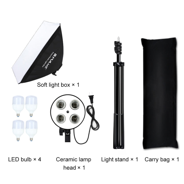 PULUZ 50x70cm Studio Softbox + 2m Tripod Mount + 4 x 220V E27 20W 5700K White Light LED Light Bulb Photography Lighting Kit, 4 x Bulb US Plug, 4 x Bulb EU Plug