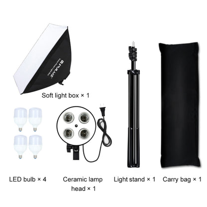 PULUZ 50x70cm Studio Softbox + 2m Tripod Mount + 4 x 220V E27 20W 5700K White Light LED Light Bulb Photography Lighting Kit, 4 x Bulb US Plug, 4 x Bulb EU Plug