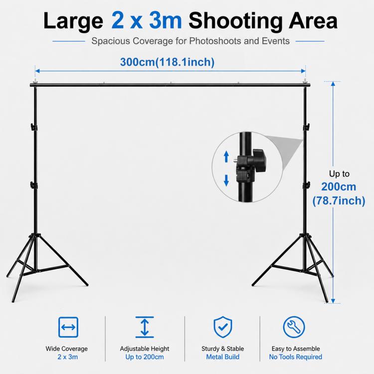 2 x 3m Thickened Photo Studio Background Support Stand Backdrop Crossbar Bracket, 2 x 3m Thickened