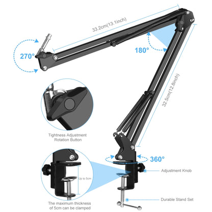 PULUZ Studio Broadcast Professional Singing Microphone Kits with Suspension Scissor Arm & Metal Shock Mount & USB Sound Card, Microphone Kits (Black), Microphone Kits (Silver)