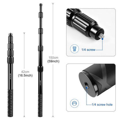 PULUZ 1.5m Aluminum Alloy Invisible Selfie Stick Anti-Shake Vlog Locking Telescopic Extension Monopod